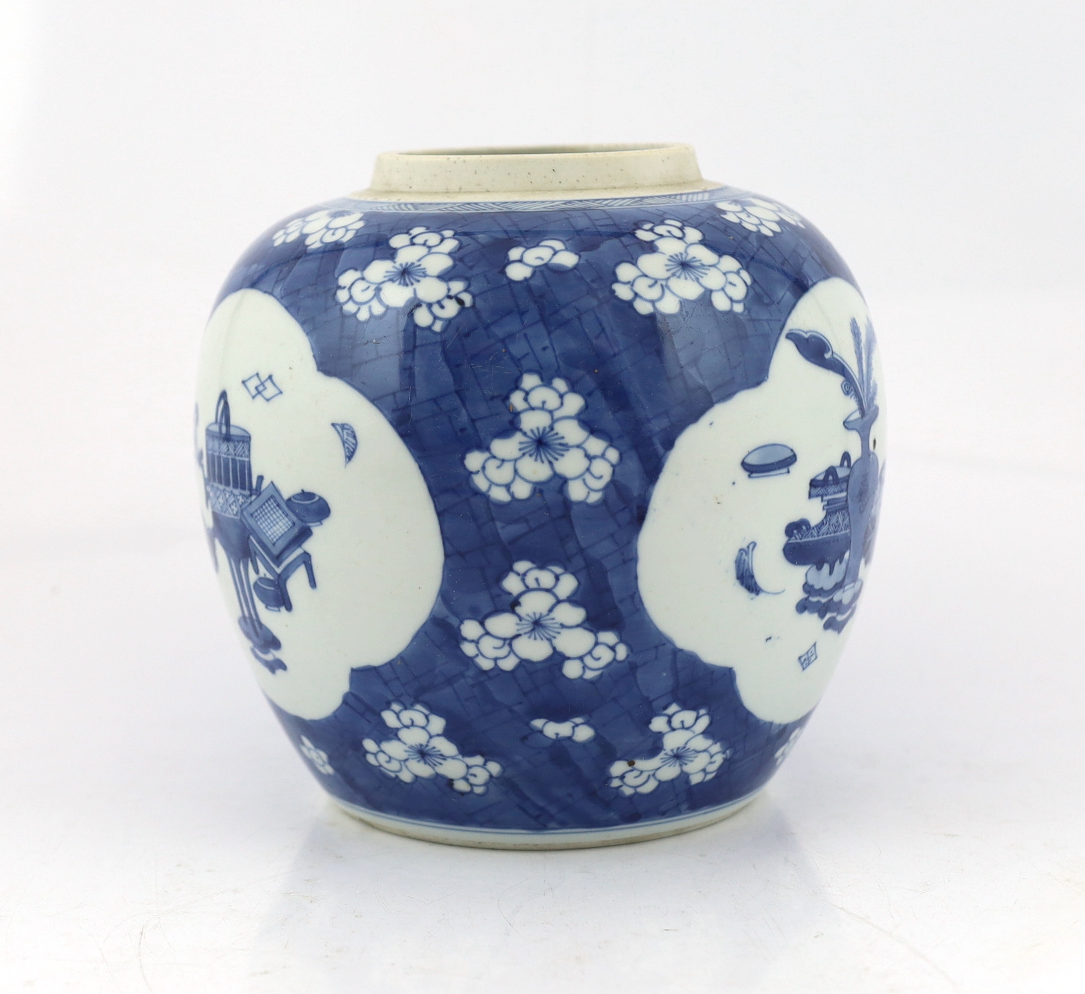 A Chinese blue and white ‘Antiques’ jar, Kangxi period, minor restoration to rim